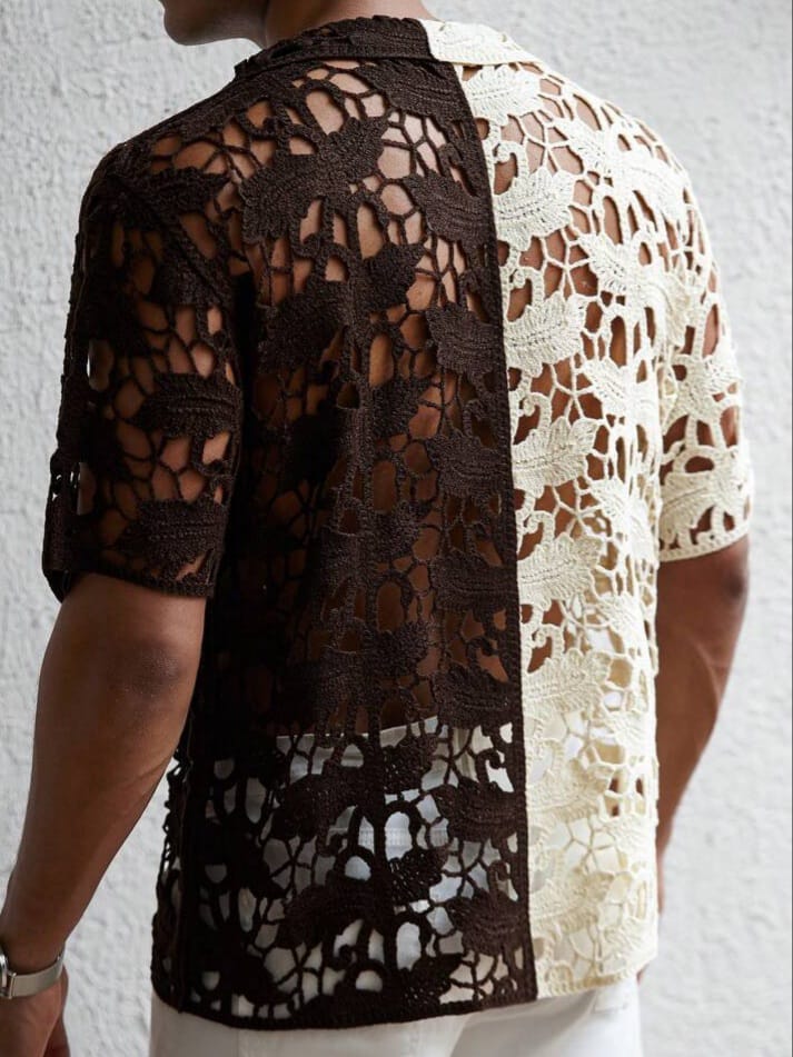 Uptown Funky Men's Contrast Color Sheer Casual Short Sleeve Crochet Shirt